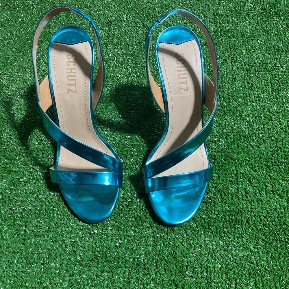 Schutz Kelly Sandal Blue Metallic Leather High Heel Strappy Shoes Size 6B X-17